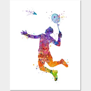 Boy Badminton Player Watercolor Posters and Art